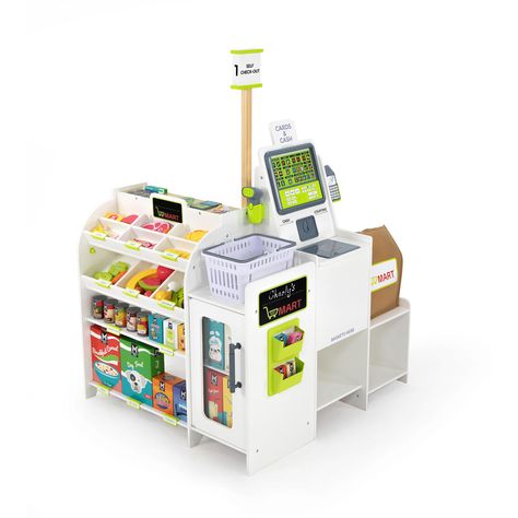 Interactive Supermarket Play CenterExperience the magic of imaginative play with this wooden supermarket play center. It's packed with 85 fully detailed accessories and 4 realistic battery-operated features to ensure hours of fun. The play set includes an electronic self-service checkout with 18 separate buttons, each with its own voice command, providing a realistic shopping experience.Realistic FeaturesTake playtime to the next level with the play center's electronic checkout scanner, battery-operated price scanner, and sound function payment device. It even comes with 2 interactive magnetic payment cards, adding to the authenticity and fun. This educational grocery store is perfect for both boys and girls, inspiring their imagination and encouraging active play.Handmade Wooden Accessori Kids Grocery Store, Pretend Grocery Store, Kitchen Playsets, Drinks Fridge, Kids Play Set, Pretend Play Kitchen, Wooden Knife, Play Money, Organization Furniture