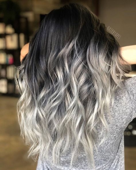 Half Black Half Silver Balayage Long Hair Ombre Gray Hair, Silver Balayage, Long Grey Hair, Grey Balayage, Black To Silver Ombre, Silver Ombre Hair, Balayage Long Hair, Gray Balayage, Rambut Brunette