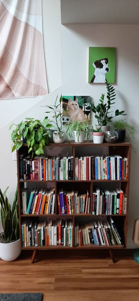 Boho Bookshelf Bedroom, Bookshelves Indian, Bookshelf Corner Living Room, Book Shelf Ideas Apartment, Bookshelf Plants Decor, Book Shelf Inspiration, Bookshelves Above Bed, Indian Bookshelf, Eclectic Bookshelf