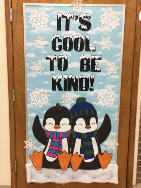 Penguin Bulletin Board - Cool To Be Kind Natal, Penguin Winter Bulletin Boards, Winter Themed Door Decorations, Penguins Bulletin Board, Winter Billboard Ideas, Winter Kindness Bulletin Board, Penguin Classroom Door Ideas, Winter Holiday Bulletin Board Ideas, Let It Snow Bulletin Board Ideas