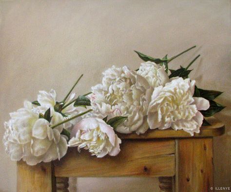 JEANNE ILLENYE - Still Lifes: Freshly Cut White Peonies on Pine Farmhouse Table ... Table Painting, Western Paintings, Daily Painters, Still Lifes, Pine Table, Fruit Flowers, Still Life Oil Painting, Art Painting Gallery, Original Art Painting