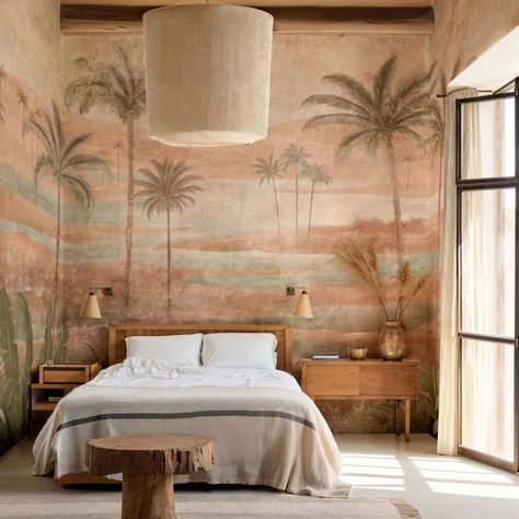 A gorgeous design showcasing the true beauty of nature featuring the tall and slender palm trees swaying under the intense sun of Marrakech. This mural is 400cm wide and 280cm tall. Seen here in the Rose colourway. Victorian Fabric, Vintage Bedroom Decor, Hand Printed Linen, Mulberry Home, Bohemian Interior Design, Living Room Orange, Wallpaper Project, Vintage Bedroom, Bohemian Interior