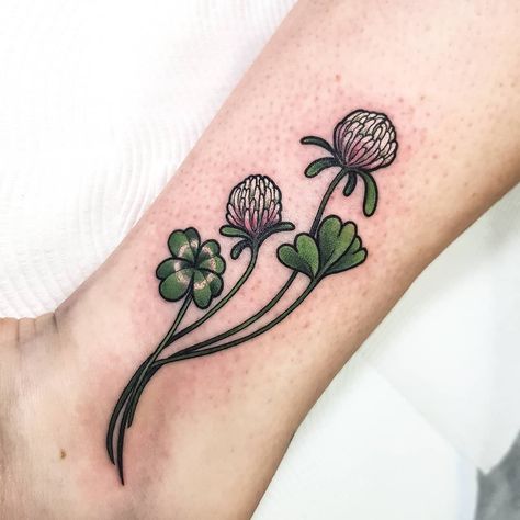 Clover Flower Tattoo, Irish Flower Tattoo, Irish Shamrock Tattoo, Four Leaf Clover Tattoos, Celtic Tattoo For Women, Palm Tree Tattoo Ankle, Ireland Tattoo, Four Leaf Clover Tattoo, Shamrock Tattoos