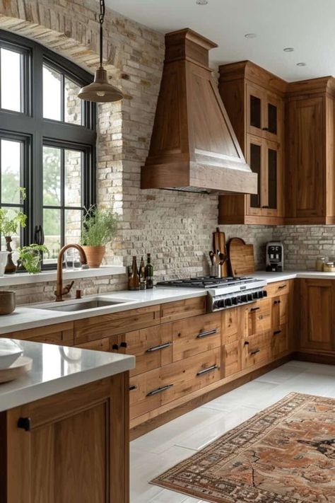 Wooden Kitchen Rustic, Wood Cabinets White Counter, Pine Cabinets Kitchen, Wooden Cabinets Kitchen, Kitchens With Wood Cabinets, Cozy Modern Kitchen, Ranch Style Kitchen, Rustic Hickory Kitchen, Rustic Kitchen Ideas