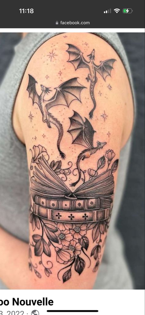 Enchanted Sleeve Tattoo, Literature Sleeve Tattoo, Fantasy Books Tattoo Ideas, Dragons And Books Tattoo, Book Tattoos With Dragons, Nerdy Sleeve Tattoos For Women, Fairytale Inspired Tattoos, Book Leg Sleeve Tattoo, Fall Book Tattoo