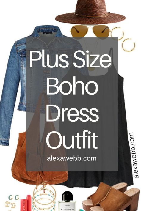 Plus Size Spring Casual Dress Outfits - A plus size black swing dress with a classic denim jacket, a boho slouchy tote from Free People, platform sandals, and a straw fedora. Alexa Webb Rust Dress Outfit, Advanced Style Boho, Boho Plus Size Outfits, Hippie Boho Outfits, Boho Dress Outfit, Curvy Boho, Spring Outfits Boho, Boho Womens Clothing, Alexa Webb