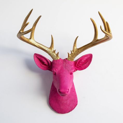 Near and Deer Faux Taxidermy Large Deer Head Wall Mount, Hot Pink/Gold, ND1608 Deer Wall Mount, Deer Head Wall Mount, Faux Deer Head, Taxidermy Wall, Taxidermy Deer, Deer Heads, Hot Pink And Gold, Deer Mounts, Antler Wall