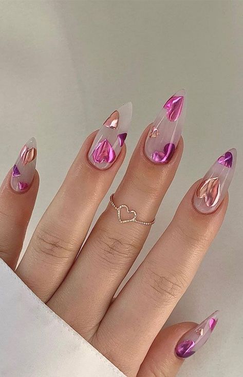 Valentines Nails Chrome Hearts, Pink Chrome Valentines Day Nails, Solid Color Valentines Nails, Valentines Day Chrome Nails, Red Chrome Heart Nails, Valentine Chrome Nails, Red Chrome Valentine Nails, Nails Trending Now 2023, Valentines Chrome Nails