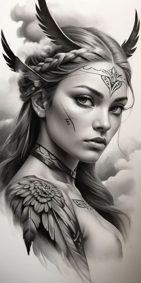 NORDIC VALQUIRIA TATTOO DESIGN Female Warrior Tattoo, Valkyrie Tattoo, Native American Tattoo, Cobra Art, Native American Tattoos, Girl Face Tattoo, Supergirl Comic, Girl Face Drawing, Nude Artwork