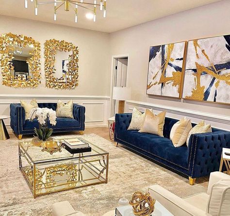 ’s the Blue and Gold got me 🤩!! This beautiful living room set us available in many colors!! 3101 NW. 27th Ave., Miami, FL 33142 ..........… Living Room Decor Ideas Blue Couch, Blue Gray Gold Living Room, Blue And Gold Living Room Ideas, Navy Blue And Gold Living Room, Royal Blue And Gold Living Room, Gold Blue Living Room, Royal Blue Living Room Decor, Blue And Gold Home Decor, Royal Blue Living Room