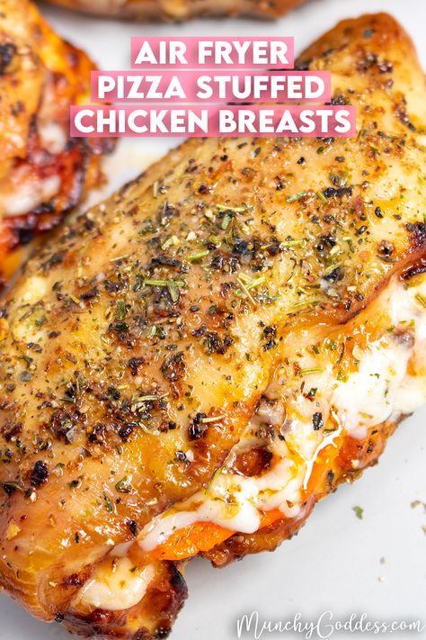 Air Fryer Pizza Stuffed Chicken Breast with melted mozzarella cheese and pepperoni coming out of the side. Pizza Stuffed Chicken, Air Fryer Pizza, Air Fryer Recipes Snacks, Stuffed Chicken Breasts, Air Fryer Cooking Times, Stuffed Chicken Breast, Air Fried Chicken, Easy Air Fryer, Air Fryer Dinner Recipes