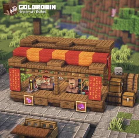 Trading Stalls Minecraft, Woodsy Minecraft Builds, Minecraft Village Town Square, Minecraft Castle Courtyard Ideas, Minecraft Village Library Ideas, Minecraft Shop Stand Ideas, Interactive Minecraft Builds, Minecraft Villager Trading Huts, Minecraft Slanted Roof