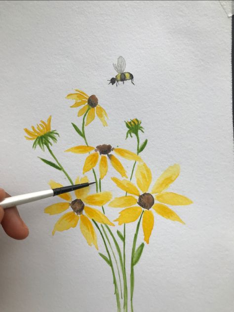 Pls click on image for complete video/ tutorial. Pls like, share n subscribe. Thank you🙂 #watercolor #painting #yellow #flowers #bee #bee #floral #design #easy #tutorial #love Aesthetic Bee Painting, Simple Yellow Paintings, How To Draw Yellow Flowers, Yellow Flowers Painting Watercolour, Flowers With Bees Drawing, East Flower Paintings, Cute Yellow Flowers Drawing, Yellow Flowers Watercolor Painting, Yellow Flower Drawing Simple