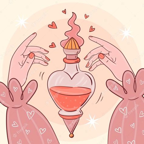 Love Potion Witch, Love Spell Drawing, Love Potion Painting, Love Potion Illustration, Love Potion Aesthetic, Love Potion Drawing, Valentines Background Aesthetic, Magic Potion Illustration, Love Potion Tattoo