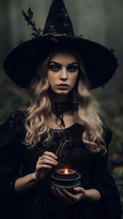 Free AI Image | View of daunting witch character Blonde Goth, Witch Photos, Witch Pictures, Witch Characters, Fantasy Witch, Beautiful Witch, Black Magic Woman, Witchy Fashion, Photoshoot Themes