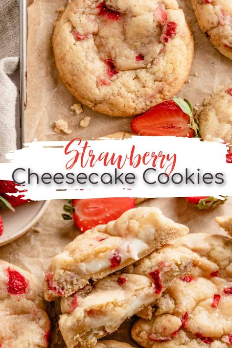 Essen, Infused Cookies, Strawberry Cream Cheese Cookies, Strawberry Cheesecake Cookies, Bad Wedding, Cheesecake Cookies Recipes, Valentine Goodies, Easy Strawberry Cheesecake, Strawberry Shortcake Cookies