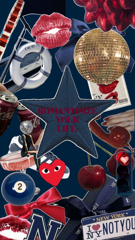 red and navy collage with quote "romanticize your life" Red And Navy Aesthetic, Navy Blue And Red Aesthetic, Dior Collage, Blue And Red Aesthetic, Red Dorm, Navy Aesthetic, Aesthetic Navy, Maroon Aesthetic, Dark Red Wallpaper