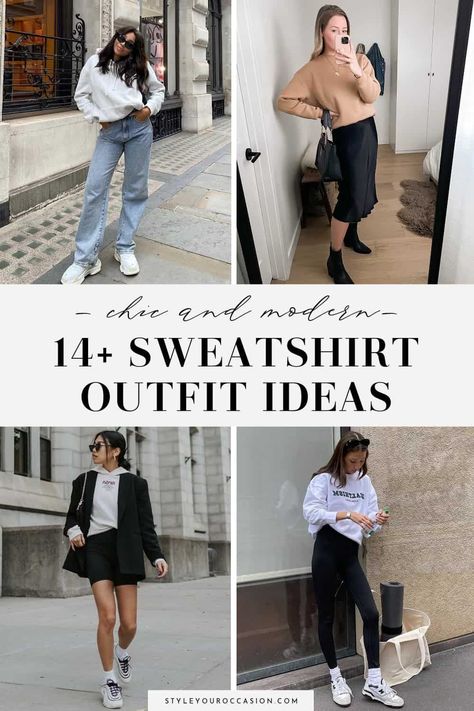 Looking for chic and modern sweatshirt outfit ideas? This list has it all; hoodie outfit ideas, layered looks, crewneck sweatshirt outfits, and oversized sweatshirt outfit ideas. You’ll love these street style aesthetic looks for women that can be worn in the winter, spring, summer, and fall. How To Style Oversized Crewneck, Dress Up Crew Neck Sweatshirt, Elevated Sweatshirt Outfit, Crew Sweatshirt Outfit, Oversized Graphic Sweatshirt For Winter, Outfits With Sweatshirts, Styling A Hoodie Women, How To Style Crew Neck Sweatshirts, Styling Crew Neck Sweatshirts