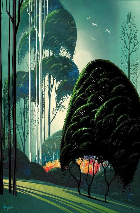 Eyvind Earle Eyvind Earle, 동화 삽화, Forest Illustration, Landscape Concept, Marjoram, Forest Landscape, Animation Background, Arte Fantasy, Environment Concept Art