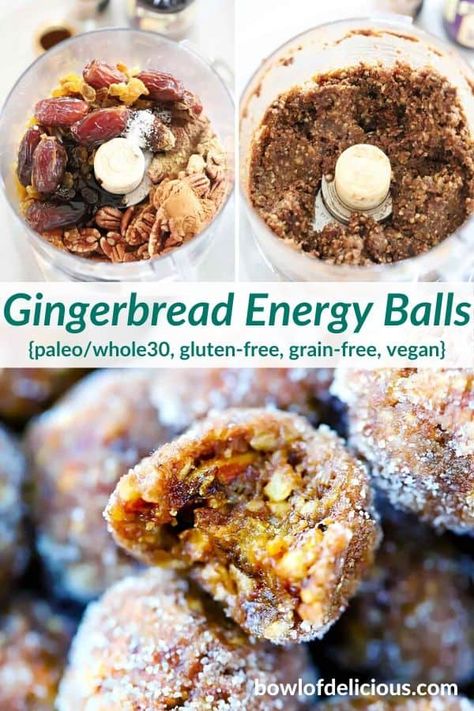 These no bake healthy gingerbread balls are gluten free, vegan, and grain free! They're packed with warming spices like cinnamon, cloves, ginger, and allspice, with a hint of molasses, and mostly naturally sweetened from dates and raisins. It's easy to make paleo or whole30, too! #energyballs #gingerbread #energybites #nobake Gingerbread Balls, Fall Breads, No Bake Healthy, Healthy Gingerbread, Unique Sweets, Chewy Ginger Cookies, Bake Healthy, Breakfast Oats, Snack Balls