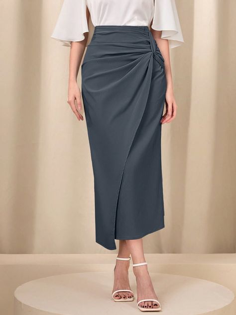 Light Grey Elegant Collar  Woven Fabric Plain Pencil Embellished Slight Stretch  Women Clothing Pencil Skirt Outfits Classy, Midi Pencil Skirt Outfit, Dressy Fashion Outfits, Fancy Skirts, Classy Skirts, Corporate Dress, 2piece Outfits, Stylish Work Attire, Solid Skirt