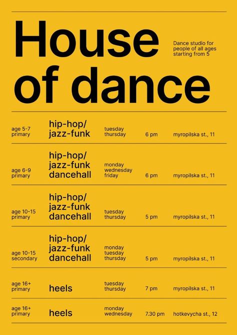 Schedule for a dance studio in swiss style. Get a creative website https://instagram.com/anastasia_web_d?utm_medium=copy_link Dance Studio Website, Dance Workshop Poster, Dance Studio Poster, Swiss Design Poster, Dance Schedule, Hip Hop Dance Studio, Dance Teacher Tools, Dance Poster Design, Dance Studio Design