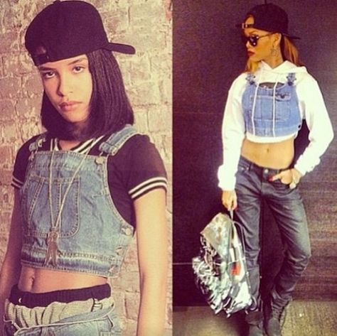 Rihanna Does Her Aaliyah Look 90s Fashion Outfits Party, 2015 Fashion Outfits, Diy Overalls, 90s Hip Hop Outfits, 90s Fashion Guys, Overall Top, 90s Fashion Outfits Hip Hop, Fashion Guys, Aaliyah Style