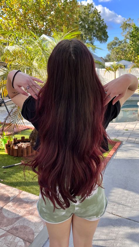 Burgundy Hair Long Layers, Burgundy Ends Hair, Long Dark Burgundy Hair, Red Balayage On Dark Brown Hair, Long Maroon Hair, Burgundy Balayage Straight Hair, Brown Red Balayage Straight Hair, Dark Red Hair Highlights On Brown Hair, Dark Brown Hair With Red Ends