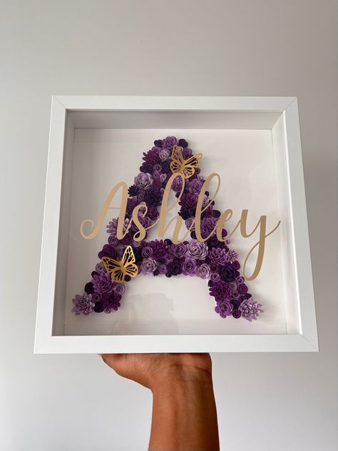 Shadow box with initial, shadow box with letter, shadow box, personalised gift, cricut made, cricut, handmade, small business 3d Flower Shadow Box Ideas, Diy Initial Decor, Diy Letter Decor Initials, Diy Letter Decor, Shadow Box Flowers, Large Paper Flowers Diy, Flower Initial, Personalized Shadow Box, Shadow Box Gifts