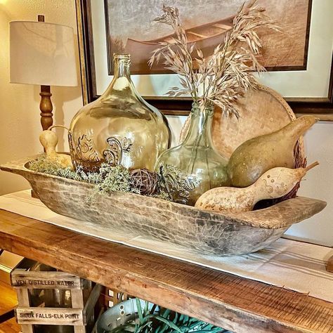 Wooden Bowls Decor Ideas, Bowl Styling, Wooden Bowls Decor, Rattan Pumpkins, Rustic Wood Bowl, Dough Bowl Centerpiece, Thanksgiving Decorating, Bowl Decor, Dough Bowls