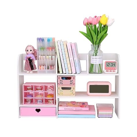 PRICES MAY VARY. Stylish Organization: Keep your workspace tidy and looking great with this cute desktop organizer that offers plenty of organized storage. Easy to Install: With a simple and intuitive design, this shelf is easy to assemble and install, so you can have it up and running in no time. This Cute Bookshelf provides versatile storage, accommodating various items such as books, stationery, and more. The 2 layering design and various compartments allow for easy sorting and organization, Desktop Shelf Organizer, Small Space Office Organization, Cute Desk Organizer, Kawaii Organizer, Cute Organizers, Desk Kawaii, Counseling Room, Aesthetic Desk Setup, Cute Bookshelf