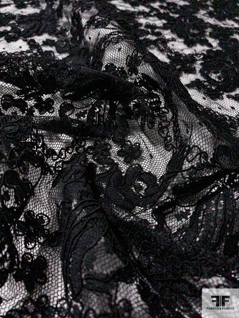 This black floral double-scalloped corded lace designer fashion fabric is extremely elegant and high quality. SKU: 12270 Content: Polyester Color: Black Width: 52 inches This fabric is a last cut and no longer in production. Once sold out, we are unable to get more. Black Lace Fabric Texture, Dark Lace Aesthetic, Black Fabric Aesthetic, Leather And Lace Aesthetic, Black Lace Aesthetic, Lace Fabric Texture, Black Lace Background, Black Fabric Texture, Black Moodboard