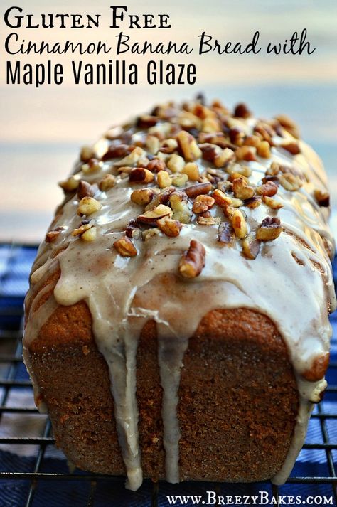 Gluten Free Maple Cinnamon Banana Bread - Breezy Bakes Cinnamon Banana Bread, Vanilla Glaze, Buttery Biscuits, Ripe Bananas, Chops Recipe, Cinnamon Banana, Pure Maple Syrup, Roast Recipes, Gluten Free Flour