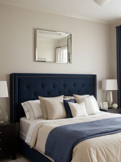 Blue Tufted Headboard Bedroom, Navy Headboard Bedroom, Navy And Beige Bedroom, Beige Accent Wall, Navy Headboard, Tufted Headboard Bedroom, Bedroom Accent Wall Ideas, Bedroom Accent Wall, Navy Blue And Beige