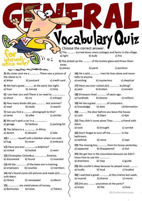 General Vocabulary Quiz - English ESL Worksheets for distance learning and physical classrooms English Quiz, Vocabulary Exercises, Vocabulary Quiz, Grammar Quiz, English Teaching Materials, English Grammar Worksheets, Grammar Practice, Vocabulary Practice, English Teaching