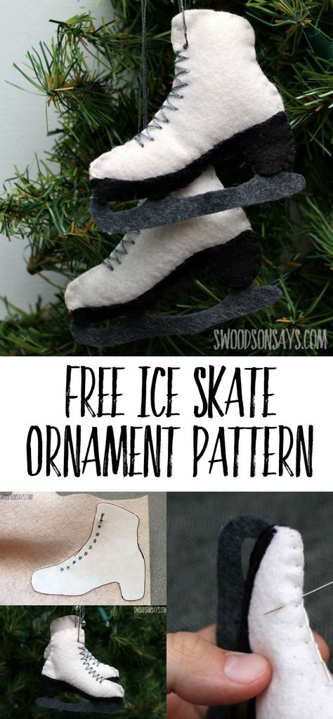 Free Felt Ice Skate Ornament Pattern - sew this stuffed ice skate sewing pattern and hang it from your Christmas tree! Make a super cute DIY ice skate Christmas ornament with this easy tutorial and free PDF pattern. #ornament #Christmas #felt #diyornament #christmascrafts Ice Skate Ornaments, Christmas Ice Skates, Christmas Sewing Projects, Ice Skate, Ornament Pattern, Ice Skates, Felt Patterns, Felt Christmas Ornaments, Christmas Sewing