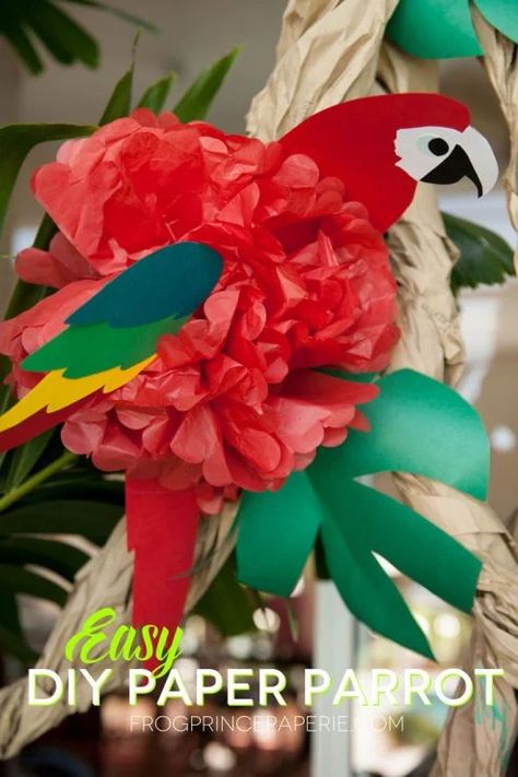 How to make a DIY Tissue Paper Parrot for Luau Parties Paper Parrot, Tropisk Fest, Safari Birthday Party Ideas, Jungle Safari Birthday Party, Garland Bedroom, Jungle Theme Classroom, Theme Carnaval, Jungle Decorations, Jungle Party Decorations