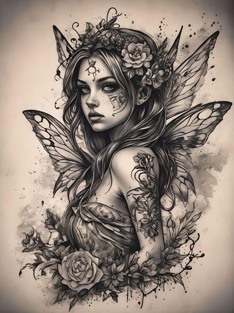 Simple Woman Tattoo Ideas, Black And White To Color Tattoo, Spider Flower Tattoo Design, Amy Brown Fairies Tattoos, Rose And Mushroom Tattoo, Fairy Tattoo Realistic, Beautiful Fairy Tattoo, Colorful Fairy Tattoo, Half Body Tattoos For Women