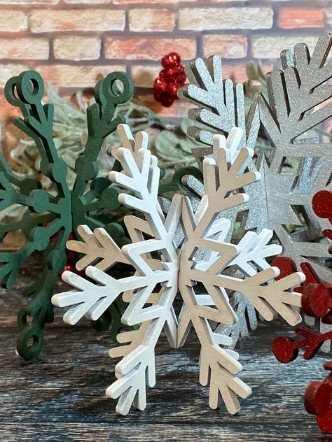 NEW Set of 5 Colored Wood Snowflakes Christmas Decor | Etsy 3d Wooden Snowflakes, 3d Wood Snowflake, Snowflake Display, Large Snowflake Decorations, Wood Snowflake Diy, Wooden Snowflakes Diy, Snowflake Christmas Decor, Snowflake Decor, Diy Snowflakes Decorations