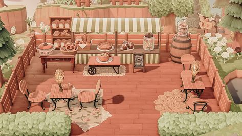 Outdoor Bakery Acnh, Animal Crossing Bakery Stall Design, Animal Crossing Coffee Shop Ideas, Acnh Small Cafe, Acnh Bakery Stall, Acnh Outside Cafe, Animal Crossing Bistro Ideas, Acnh Restaurant Outdoor, Acnh Outdoor Restaurant Designs