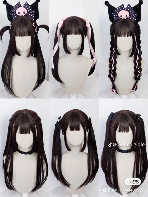 Kuromi Inspired Hairstyles, J Fashion Hairstyles, Kuromi Hairstyle, Spiky Pigtails, Jirai Kei Outfit Ideas, Jirai Kei Hair, Jirai Kei Makeup, Kawaii Hairstyles Short, Harajuku Hairstyle