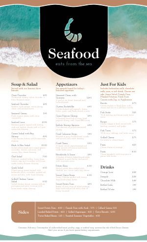 Seafood Restaurant Menu Template - MustHaveMenus Beach Cafe Menu Design, Beach Restaurant Menu Design, Beach Bar Menu Design, Seafood Restaurant Menu Design, Restaurant Menu Design Ideas Templates, Beach Menu Ideas, Beach Menu Design, Seafood Menu Design, Menu Design Ideas Templates