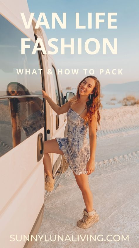 Tap to read my blog on all the clothes I pack for life on the road! Van Life Fashion, Van Life Clothes Storage, Rv Capsule Wardrobe, Van Life Outfits For Women, Van Life Capsule Wardrobe, Van Life Clothes, Van Life Wardrobe, Campervan Outfit, Road Trip Capsule Wardrobe