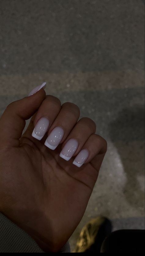 Gray White French Tip Nails, Nail Milky White French, White And Grey French Nails, Milky Nails French Tip, Clean Nails Aesthetic Design, Milky White Base French Nails, Short Milky French Nails, All White French Tip, Sparkly Milky White Nails