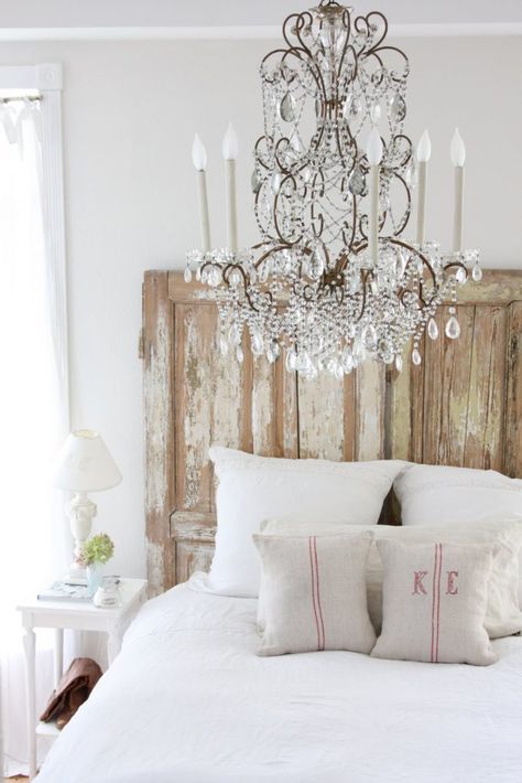 Chandelier over the bed Headboard Inspiration, Door Headboard, Diy Headboard, Chandelier Bedroom, Above Bed, Dreamy Bedrooms, Chic Bedroom, Cool Ideas, The Ceiling