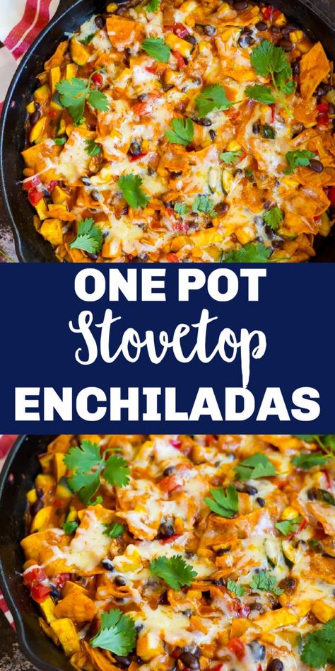 These One Pot Stove Top Enchiladas are so easy to make and taste just like regular enchiladas! You can easily customize the ingredients to fit your tastes and they're even freezer friendly! #enchiladas #stovetopenchiladas #vegetarian #easydinner #30minutemeal Easy Stove Top Meals Vegetarian, Enchilada Stove Top, Vegan Stove Top Recipes, Stove Top Enchiladas, Stove Top Meals For Two, Stove Top Dinner Ideas Easy, Stove Top Meals Dinners, Healthy Stove Top Recipes, Easy Stove Top Meals Healthy