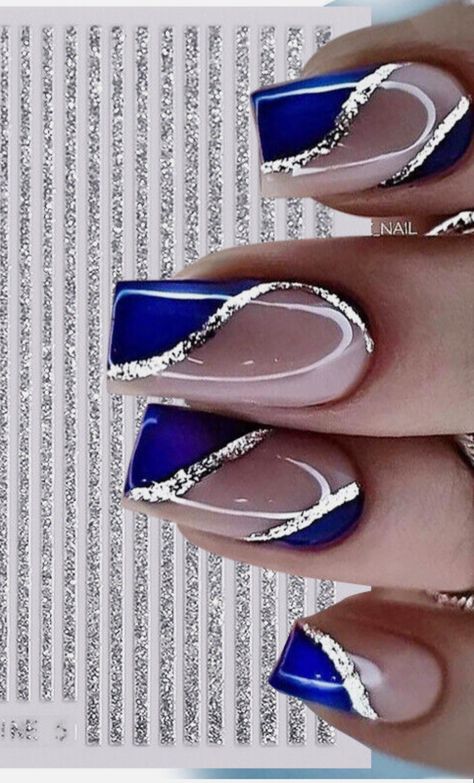 Blue White Silver Nail Designs, Nail Designs Baby Blue, Volleyball Nail Art, Royal Blue And Silver Nails, Hanukkah Nails, Royal Blue Nails Designs, Light Blue Nail, Glitter Gel Nail Designs, Light Blue Nail Designs