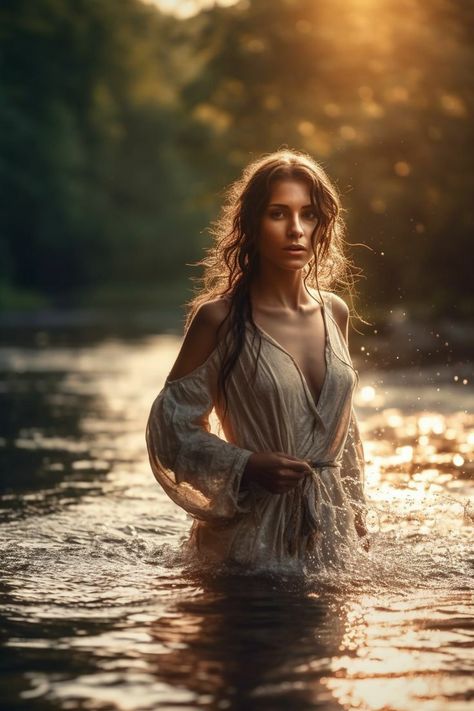 Flowy Dress In Water Photoshoot, Outdoor River Photoshoot Ideas, River Photography Ideas, Model Shoot Ideas Outdoor, Long Dress In Water Photoshoot, River Shoot Photography, Senior Picture River, River Portrait Photography, Empowering Photoshoot Women