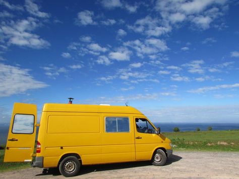 Quirky Campers - Bristol - Maya A glorious yellow campervan against the blue British sky Yellow Campervan, Campervan Inspiration, Vehicle Camping, Self Build Campervan, Sliding Cupboard, Quirky Campers, Best Campervan, Stained Glass Mirror, Yellow Vans