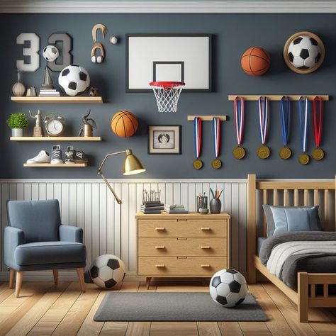 Usa Boys Bedroom, Sports Themed Rooms For Boys, Big Kid Room Boy Bedrooms, Boys Sport Themed Bedroom, Boys Accent Wall Bedroom, Sport Themed Room, Toddler Boy Sports Bedroom, Teen Boys Sports Bedroom Ideas, Boys Room Football Theme